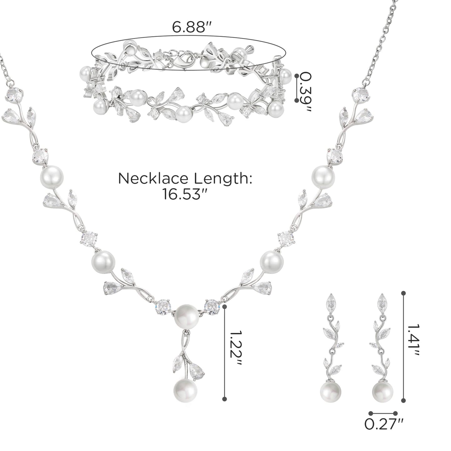 SWEETV Jewelry Set for Women, Cubic Zirconia Pearl Floral Vine Earrings Necklace Bracelet Set for Bride, Bridal Jewelry Set for Wedding Prom