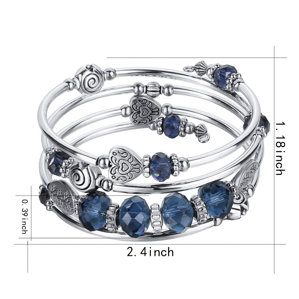 PEARL&CLUB Bead Crystal Wrap Bangle Bracelet - Fashion Jewelry Beaded Bracelet with Silver Metal, Gifts for Women(23-Navy Blue)