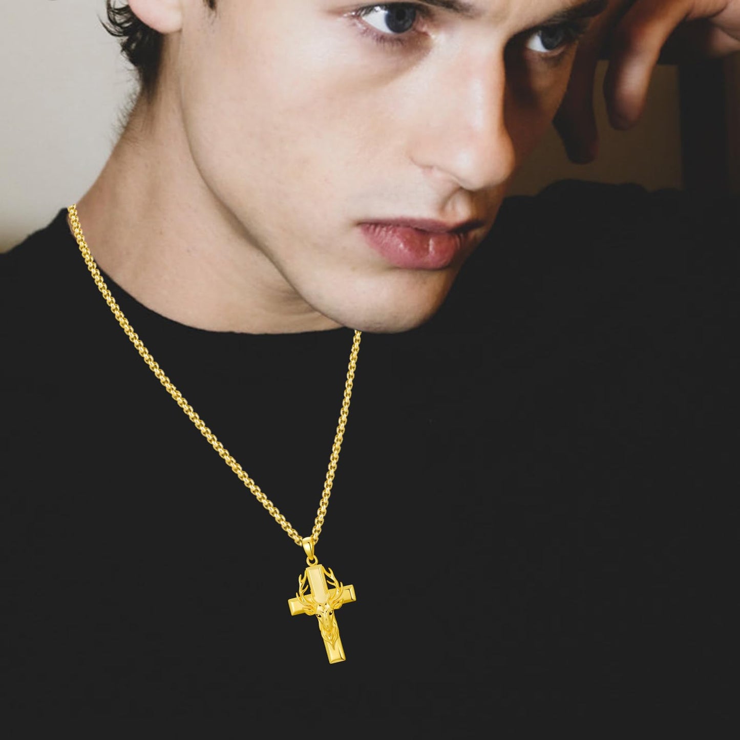 YEESIA Cross Necklace for Men Women, 925 Sterling Silver Gold Deer Cross Pendant Necklace, Christian Jewelry for Men Women