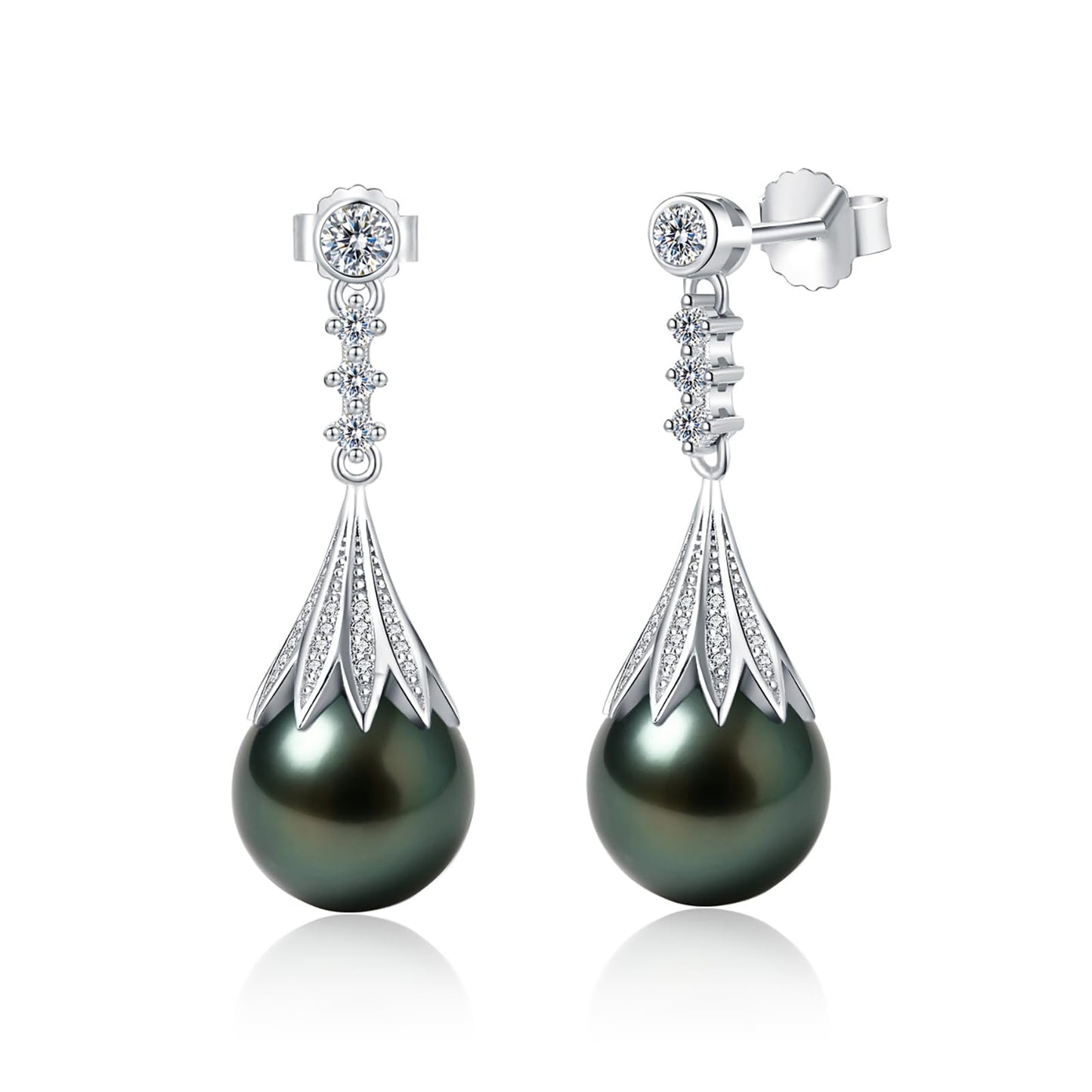 Genunie Tahitian Black Pearl Earrings for Women - Christmas Gifts for Wife Anniversary Wedding, Mom Birthday Gift, AAAA 9-10mm Ocean-Grown Pearls with S925 Sterling Silver Unique Moissanite Jewelry