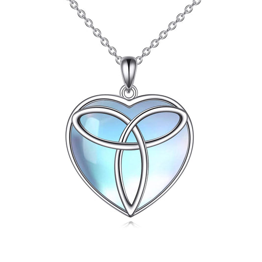 YAFEINI Moonstone Celtic Trinity Necklace 925 Sterling Silver Triangle Knot Heart Pendant Necklace Jewelry Gift for Women (W-Moonstone Celtic Trinity Necklace)