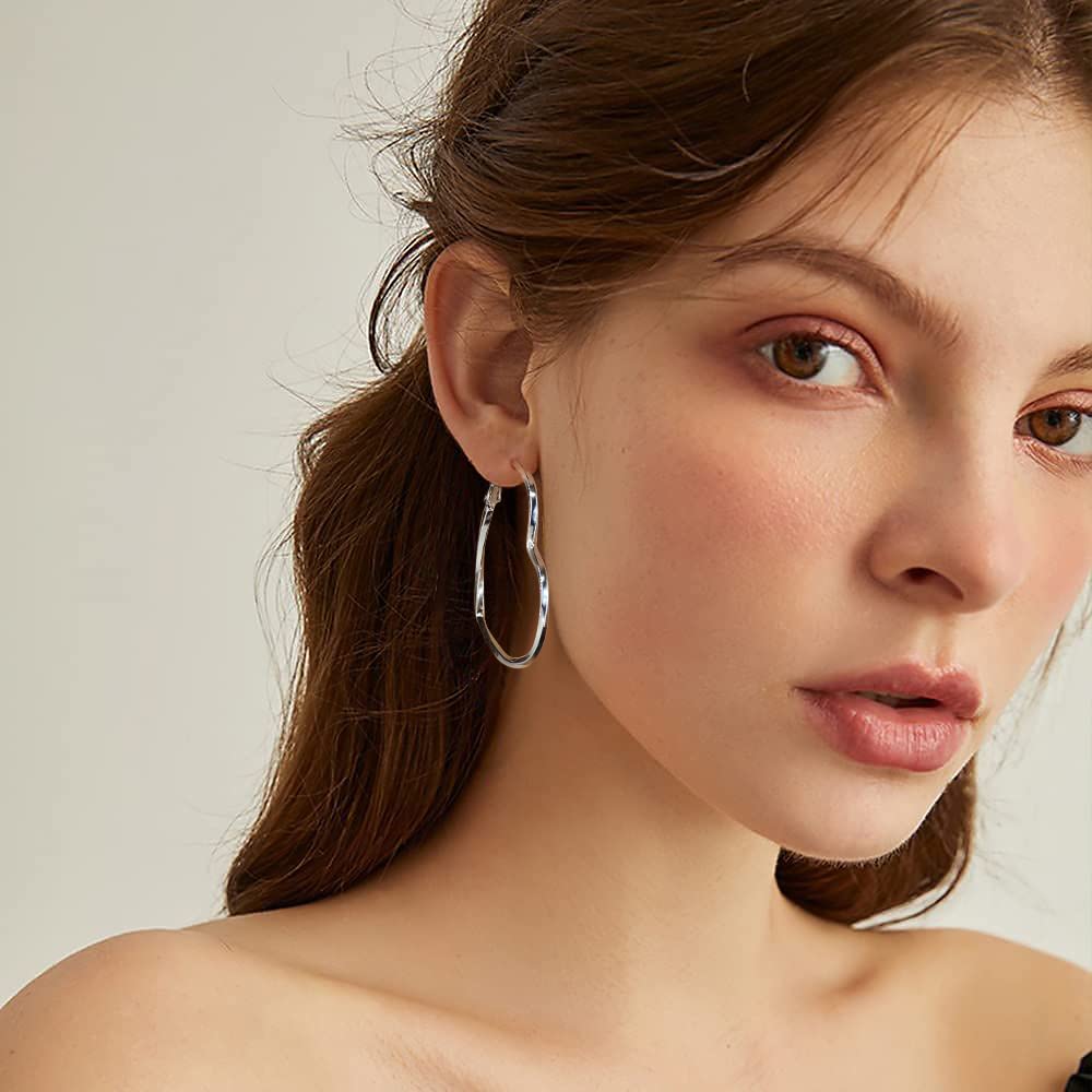 GLOQUAT Silver Plated Heart Hoop Earrings for Women Fashion Large Dangle Earring Heart Shaped Hoop Earrings Thin Hoops Lightweight and Hypoallergenic Trendy Valentie's Gift for Girlfriend Lover 50mm