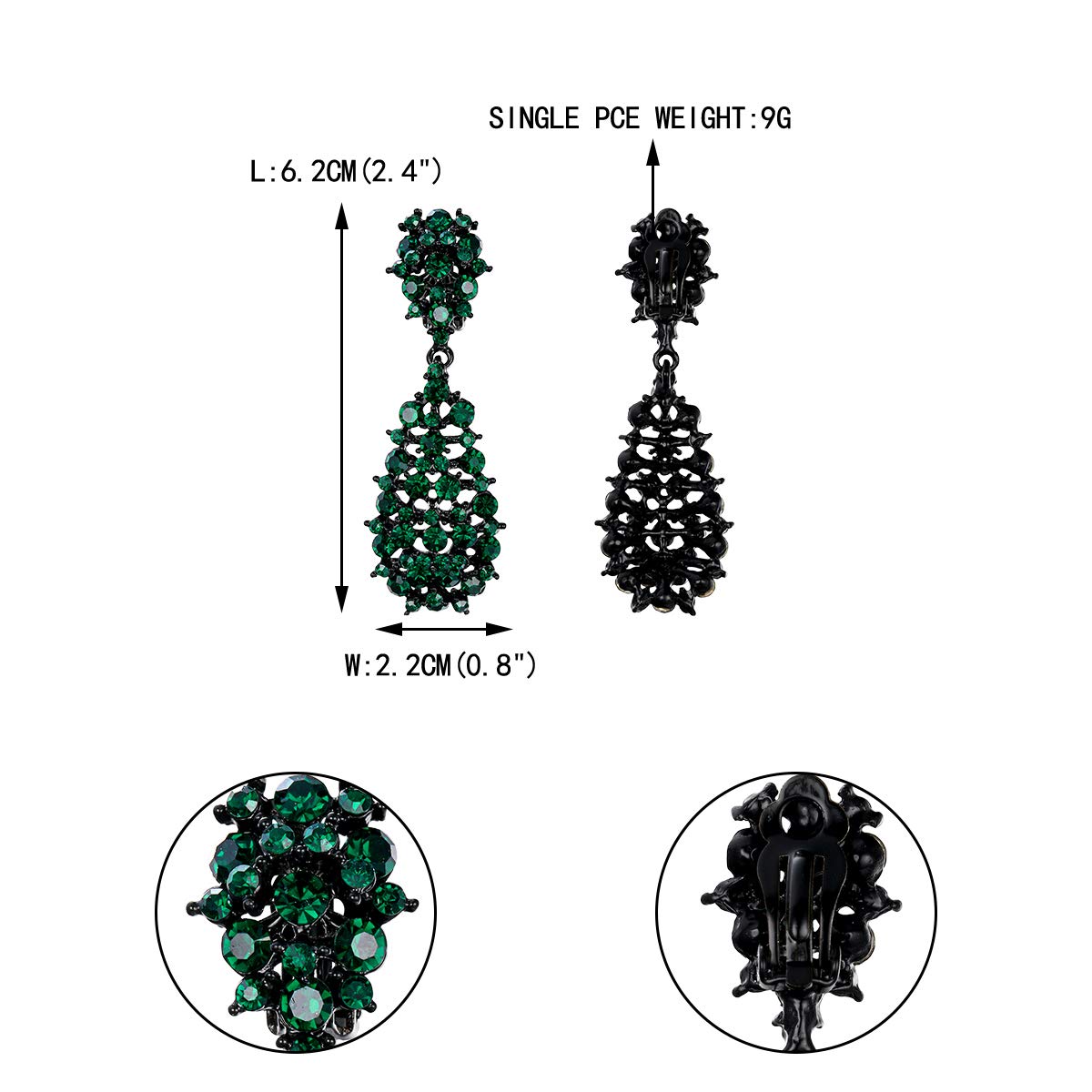 EVER FAITH Women's Jewelry Green Crystal Hollow Waterdrop Vinatge Style Dangle Clip-on Earrings Black-Tone