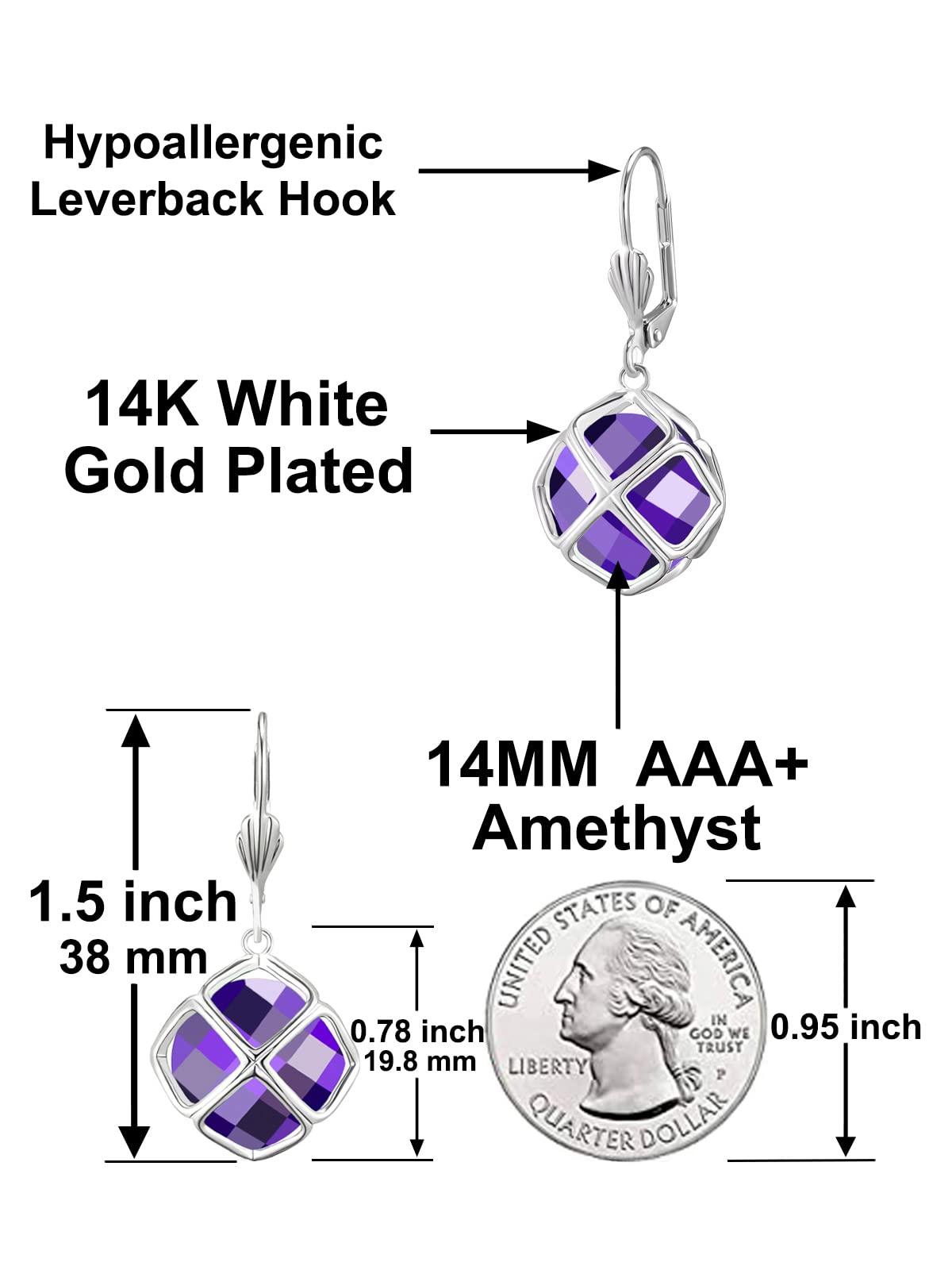 Big Dark Purple Crystal Dangle Earrings for Women (Feb-Amethyst-White Gold Plated)