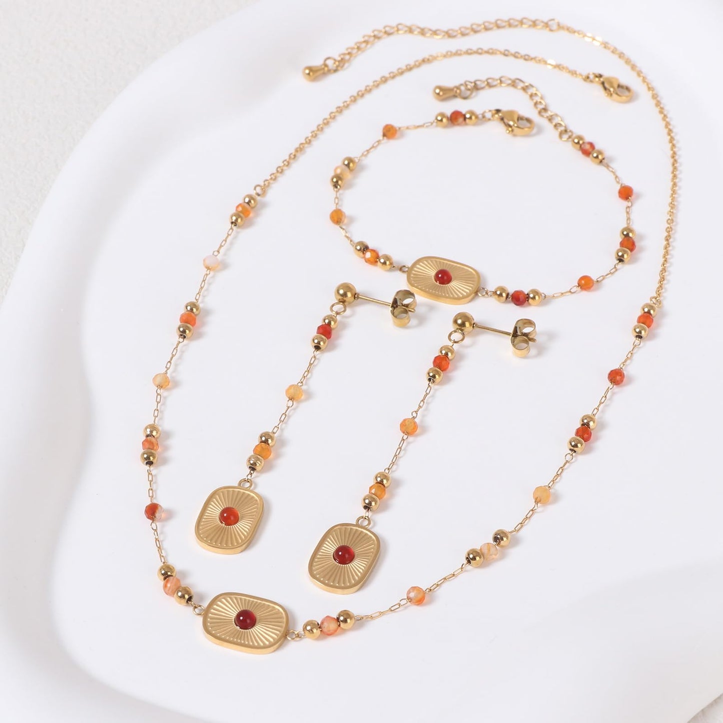 TaYolnFaSo Natural Red Agate Jewelry Set for Women 18K Gold Plated Sun Disk Red Agate Necklace Earrings Bracelet Set Gift for Wife