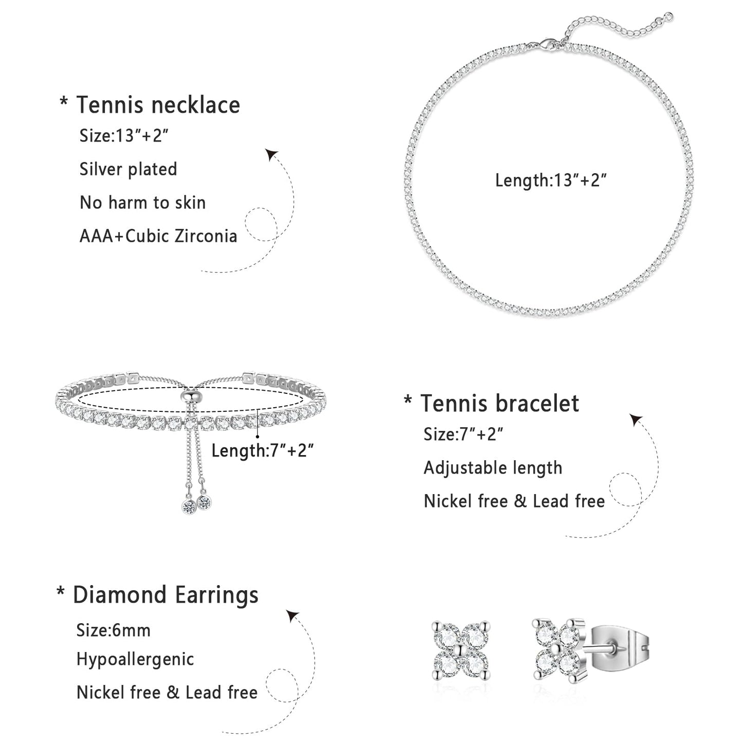 LULII Tennis Necklace Set for Women Dainty Sterling Silver Necklace and Earring Sets Diamond Leaf Stud Earrings Crystal Bracelets for Women Silver Jewelry Sets for Bride Gift