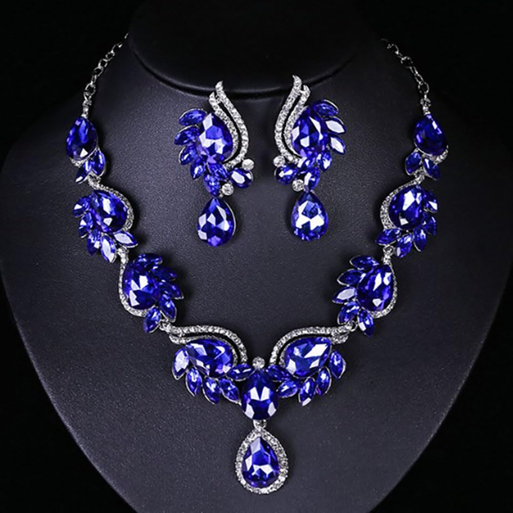 Qlavoca Elegant Crystal Jewelry Set for Women Teardrop Rhinestone Necklace and Dangle Earrings Set for Bridal Evening Prom Jewelry (Royal Blue)