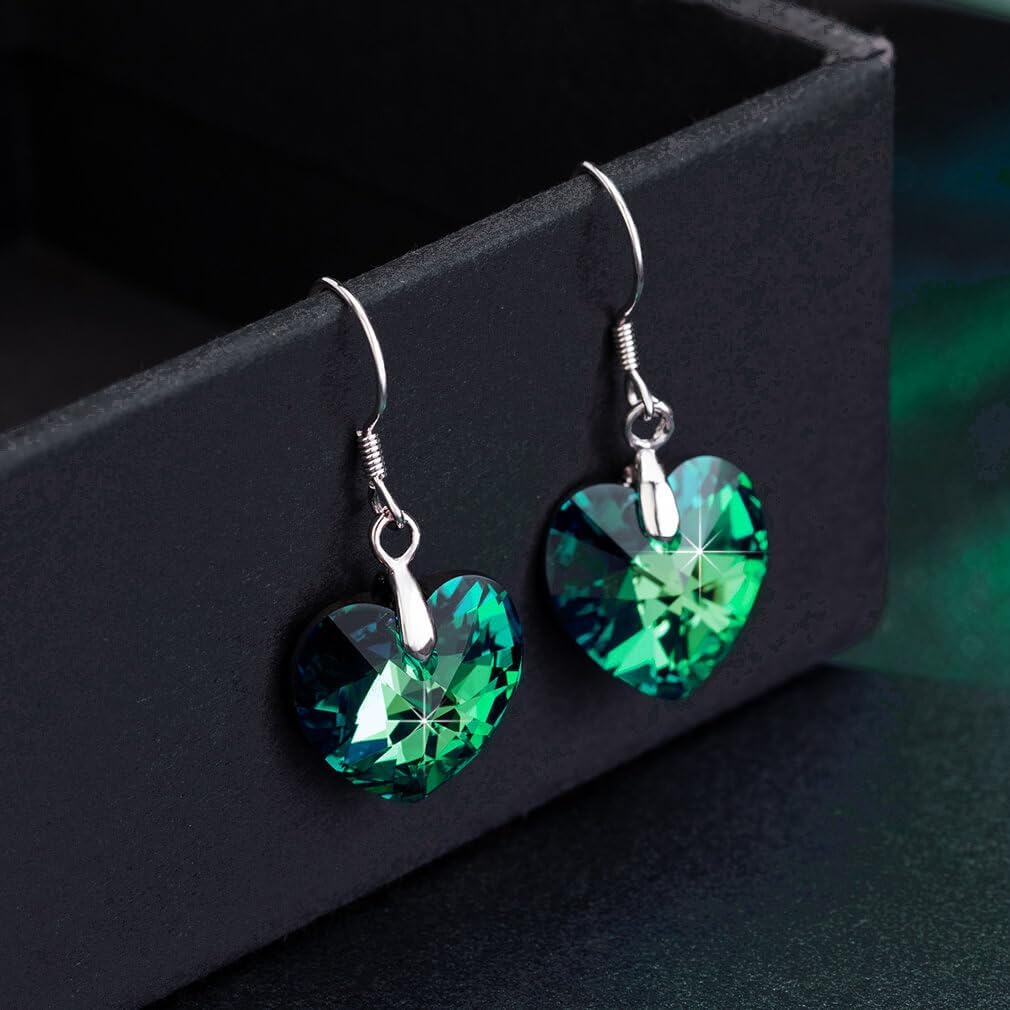 Austrian Crystal Heart Drop Dangle Earrings for Women 925 Sterling Silver Hook Hypoallergenic Earring (Emerald)
