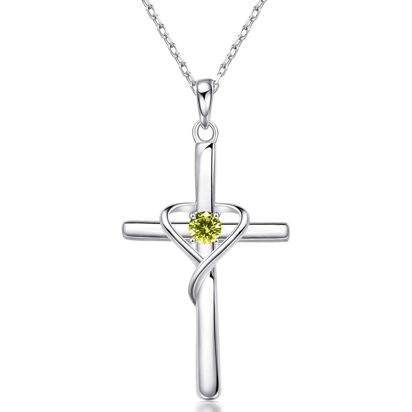 AmorAime 925 Sterling Silver Cross Necklace for Women Men 14K Gold Plated 5A CZ Birthstone Necklaces for Holiday (H.Green-August-Peridot)