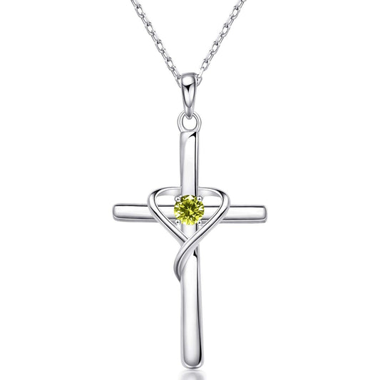 AmorAime 925 Sterling Silver Cross Necklace for Women Men 14K Gold Plated 5A CZ Birthstone Necklaces for Holiday (H.Green-August-Peridot)