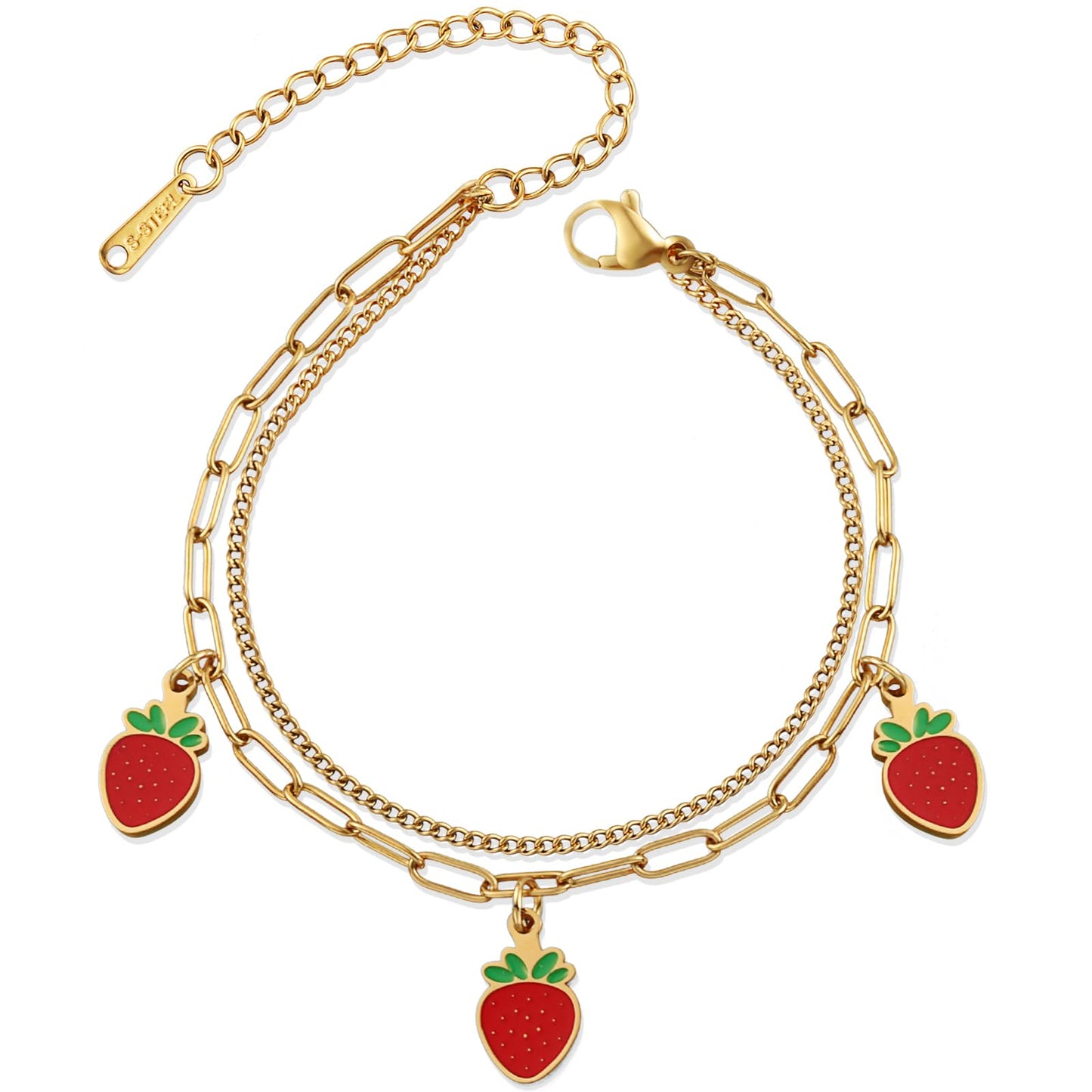 LCTrusttmor Gahna Strawberry Bracelets for Women, 18K Gold Plated Strawberry Fruit Charms with Adjustable Layered Chain Link for Women Summer Jewelry Gifts
