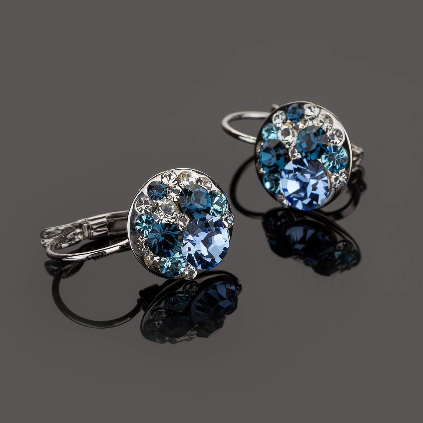 Multicolored Austrian Crystal Earrings for Women 14K Gold Plated Leverback Dangle Hoop Earrings (Blue Main Crystal/Silver-tone)