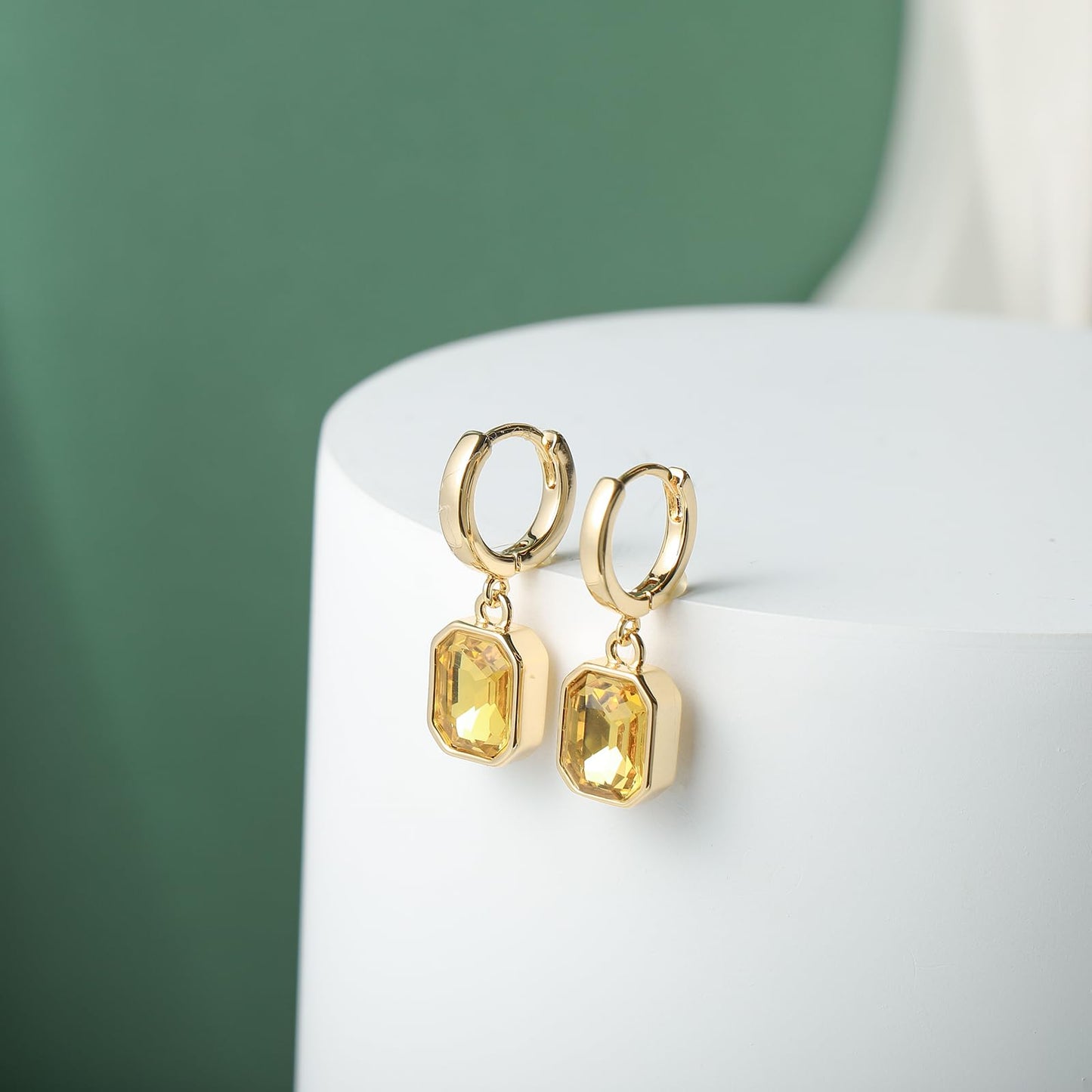 Birthstone Crystal Dangle Drop Earrings, 18K Gold Plated Huggie Hoop Hypoallergenic Earring Jewelry Gifts for Women (Yellow)