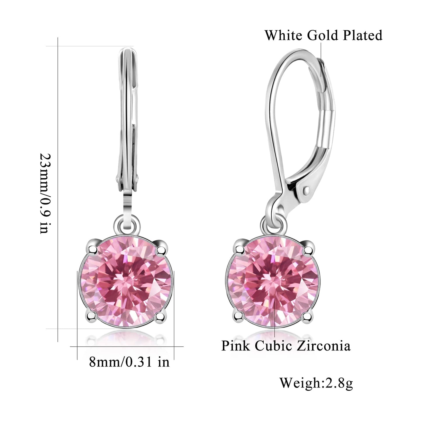 CiNily Leverback Dangle Earrings for Women Ladies Pink Cubic Zircon Pendant Earrings 14K White Gold Plated Hypoallergenic Crystal Drop Earrings for Sensitive Ears Jewelry 8 mm