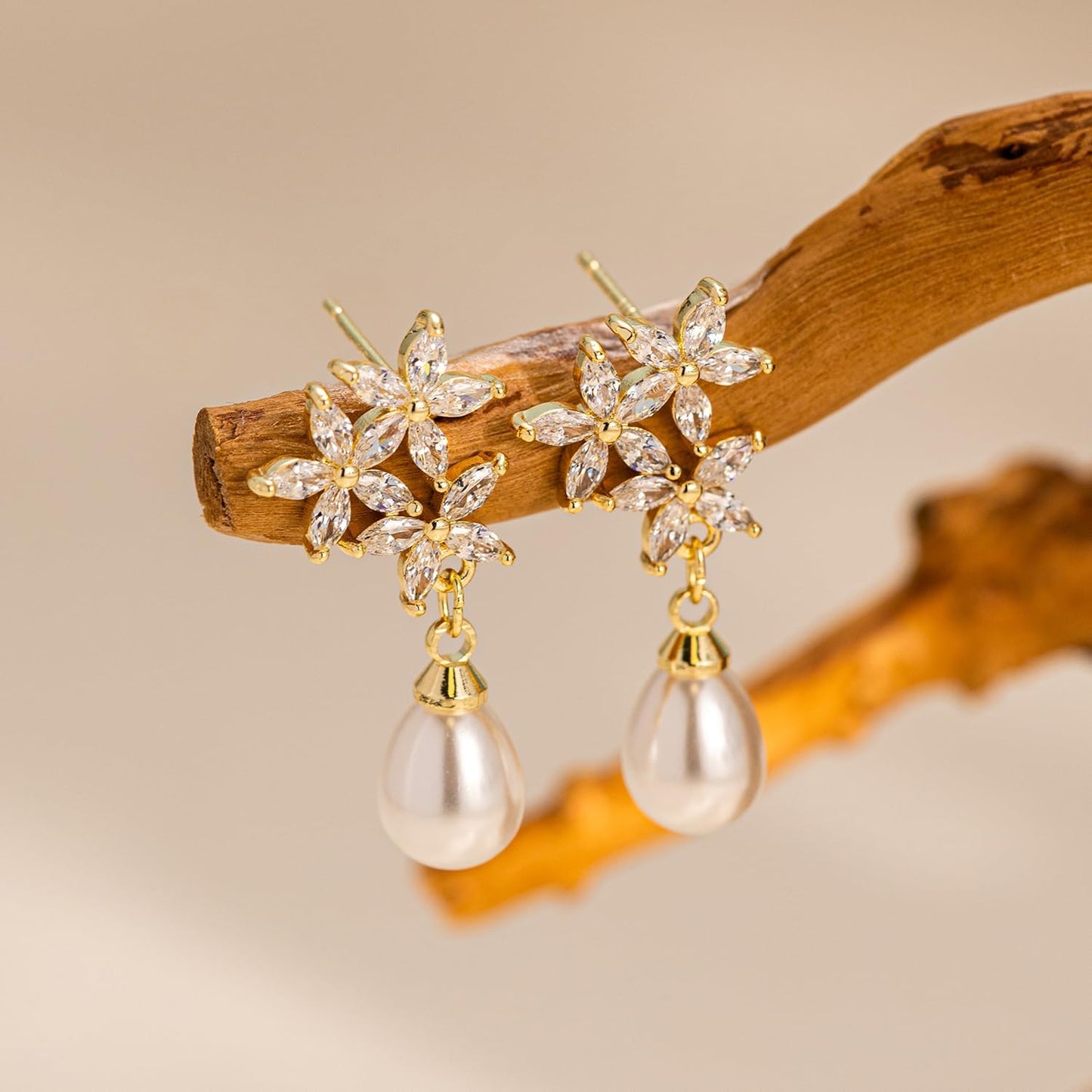 PRTGL Pearl Earrings - 14K Gold Plated Flower Cubic Ziconia Pearl Drop Wedding Earrings for Bridal Bridesmaid
