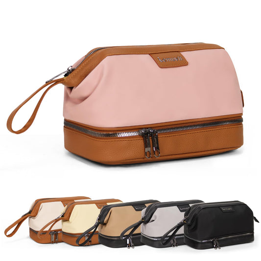 Lemuvlt Double-Layer Toiletry Bag, Water-Resistant Hybrid Leather Cosmetic Organizer with Wet/Dry Compartments, 26x15x16cm (Pink, Double layer)