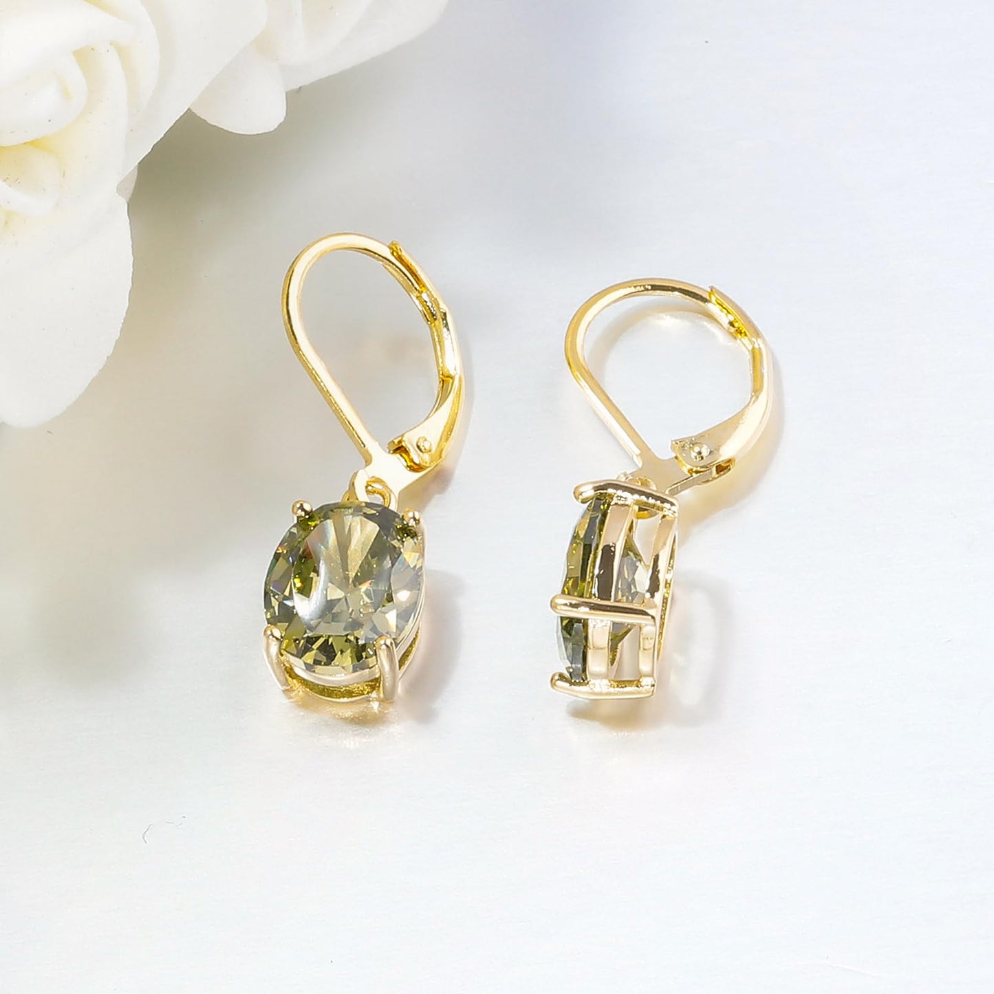 CiNily Cut-Oval Leverback Dangle Earrings for Women Peridot Cubic Zircon 14K Gold Plated Hypoallergenic Hanging Earrings Lightweight Summer Drop Earrings