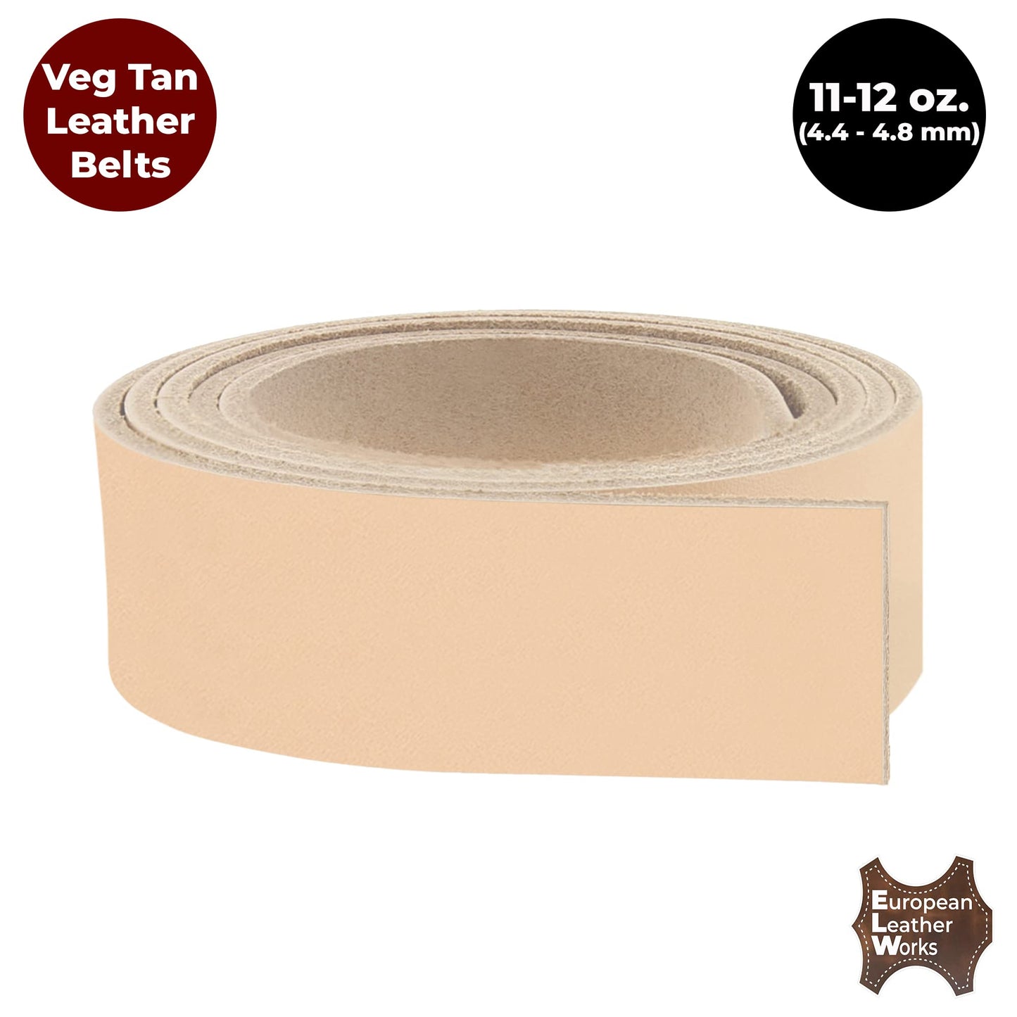 European Leather Works 11-12 oz. (4-4.8mm) Vegetable Tanned Leather Belt Blanks/Straps Size: 1/2"x50" (1.3x127cm) Full Grain Cowhide Tooling, Crafting, Knife Sheath, Furniture