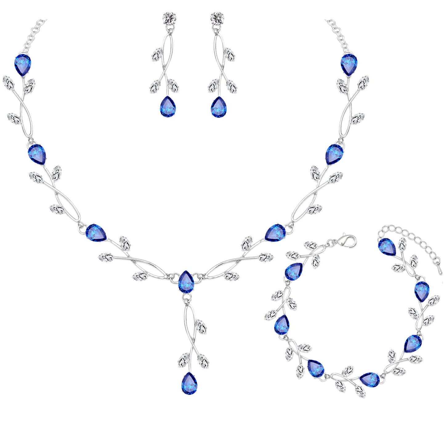 CSY Elegant Bridal Jewelry Sets Clear Cubic Zirconia Wedding Necklace Earrings Bracelet Set for Birdes Bridesmaids CZ Prom Jewelry (Royal Blue-Necklace Earrings Bracelet)