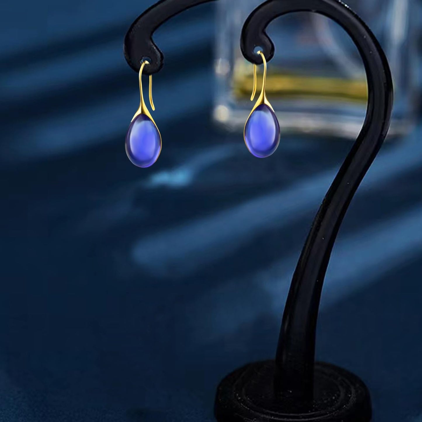 JIMARIN Lightweight Vintage Sparkly Crystal Rhinestone Teardrop Dangle Drop Earrings Bohemian14K Gold Geometry Hook Earring for Women (Gold Blue)