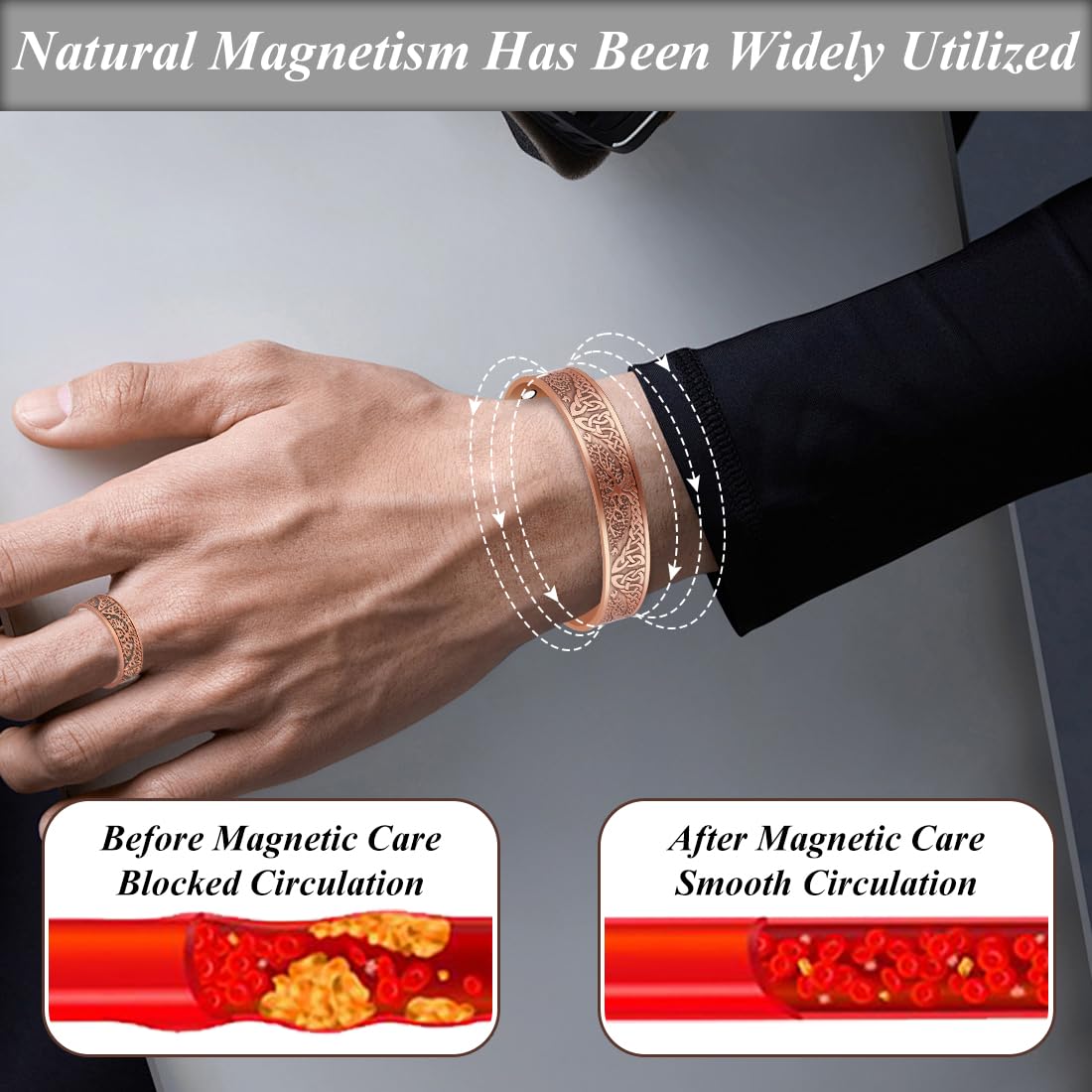 Vicmag Copper Magnetic Bracelet for Men Magnetic Bracelets 9X Ultra Strength Magnets Tree of Life Pattern Adjustable 99.9% Solid Pure Copper Present(Tree & Ring)