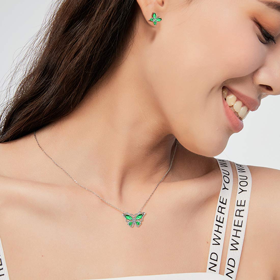 Hipunk Butterfly Green Jewelry Sets Birthstone Women 925 Sterling Silver May-Emerald Birth Stone Animal Butterflies Jewelry Sets/Earring Set Crystal Birthday Jewelry SS0001G