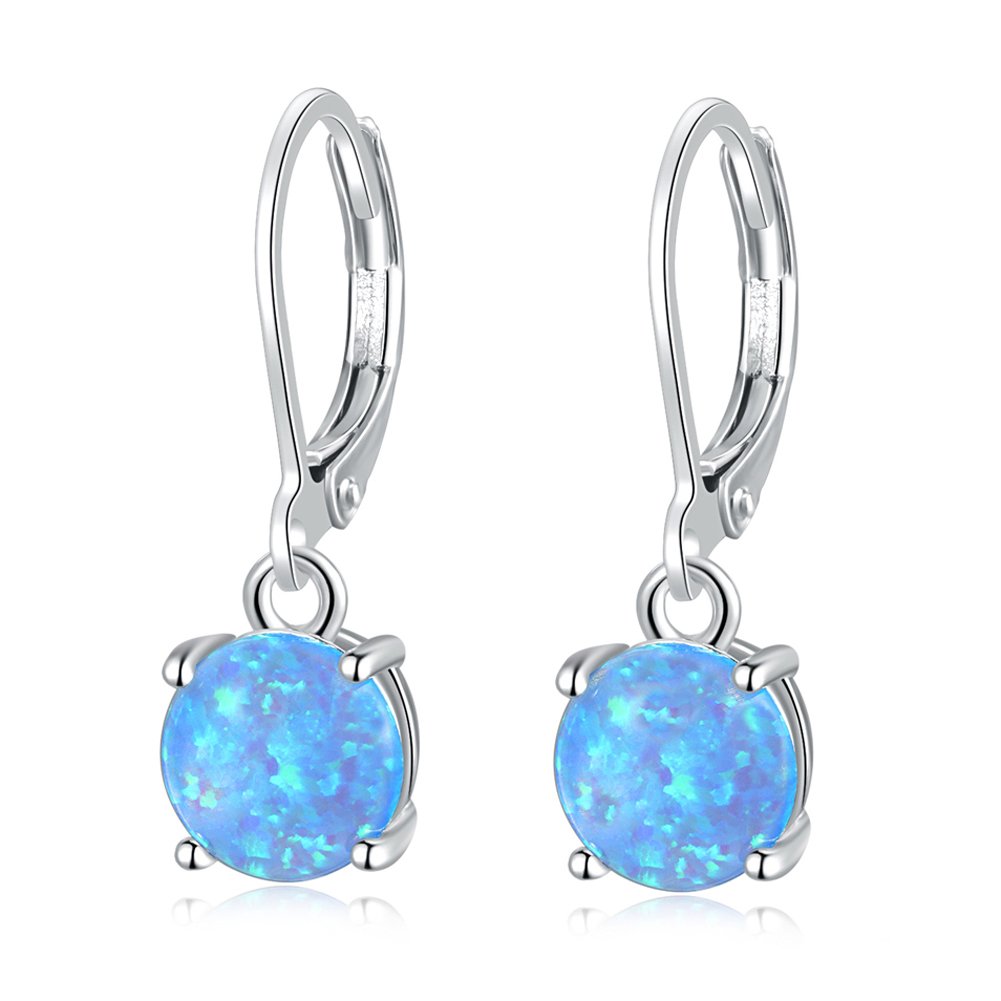 CiNily Round-Cut Opal Dangle Earrings, Blue Fire Opal Rhodium Plated Women Jewelry Leverback Gemstone Drop Earrings