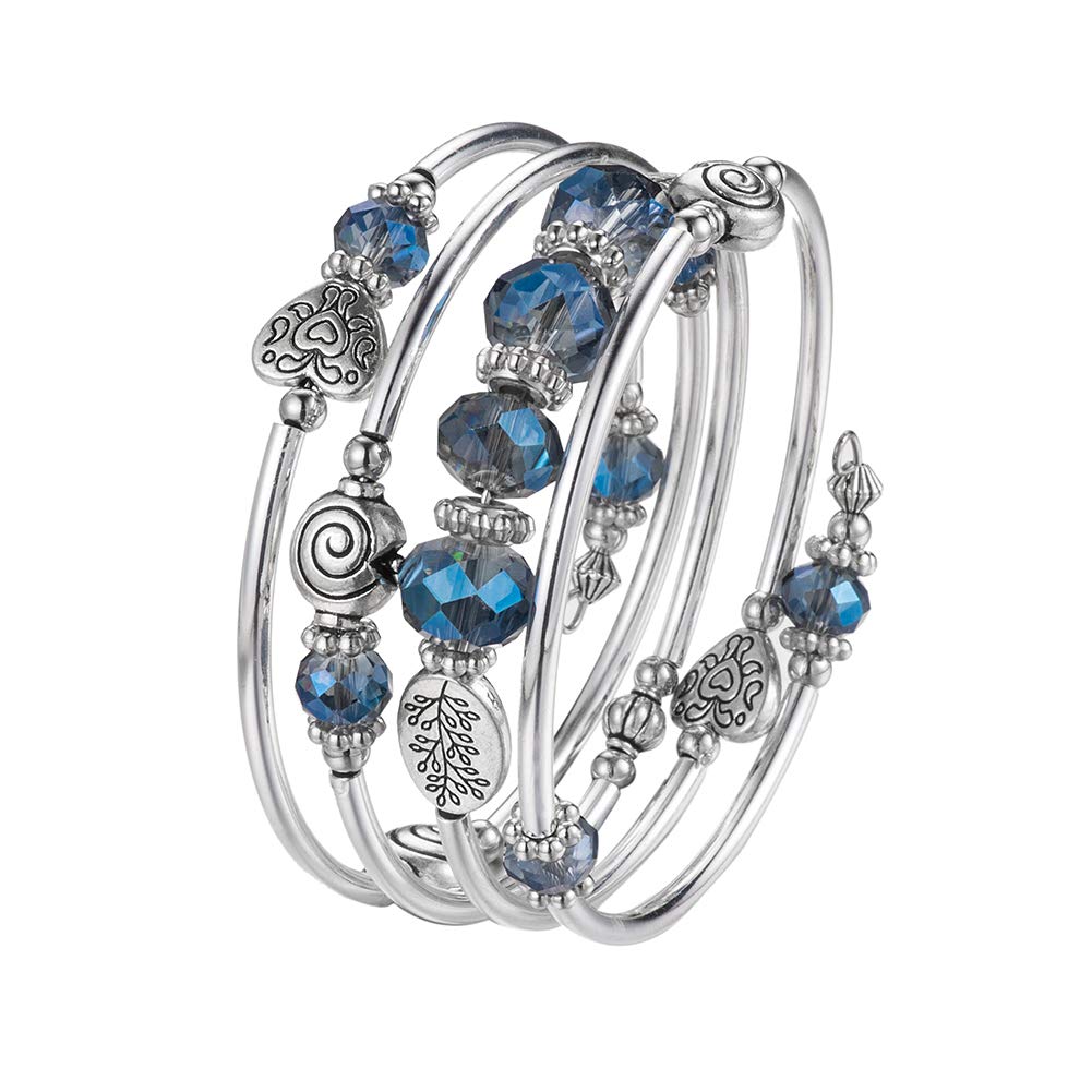 PEARL&CLUB Bead Crystal Wrap Bangle Bracelet - Fashion Jewelry Beaded Bracelet with Silver Metal, Gifts for Women(23-Transparent blue)