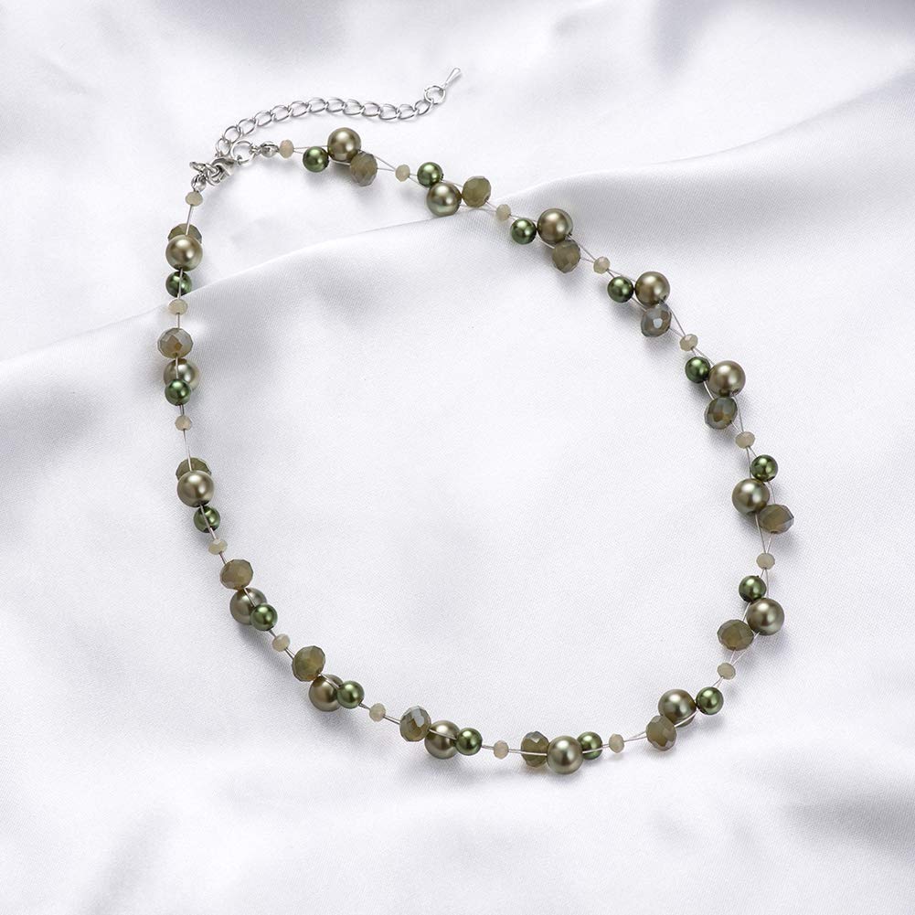 Short Beaded Turquoise Necklace For Women - Fashion Jewelry with Pearl and Crystal Bead, Birthday Gifts For Women (27-Army Green)