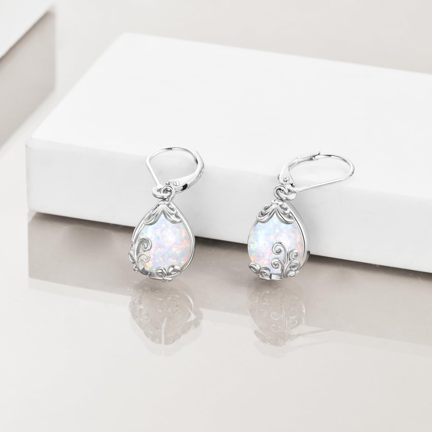 POPLYKE Opal Filigree Teardrop Drop Dangle Earrings Sterling Silver Leverback Earrings Opal Jewelry Gifts for Women
