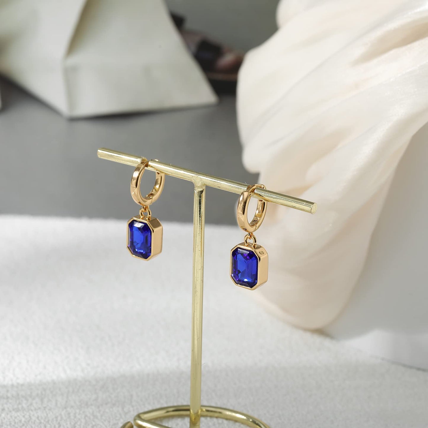 Birthstone Crystal Dangle Drop Earrings, 18K Gold Plated Huggie Hoop Hypoallergenic Earring Jewelry Gifts for Women (Royal Blue)