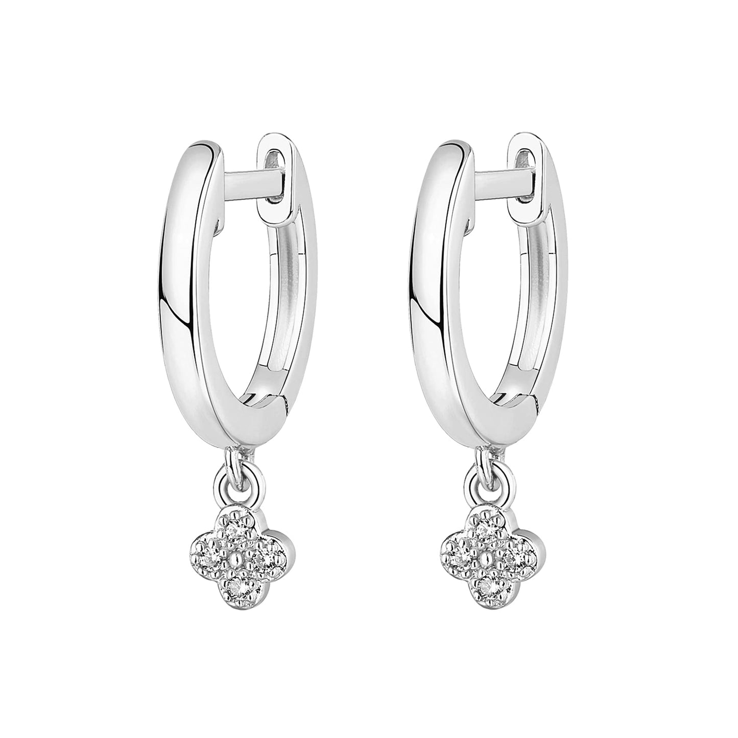 PAVOI Rhodium Plated 925 Sterling Silver Post Dangle Huggie Hoop Earrings For Women - Trendy Clover Drop Hoop Earrings - Cubic Zirconia Small Hinged Huggies