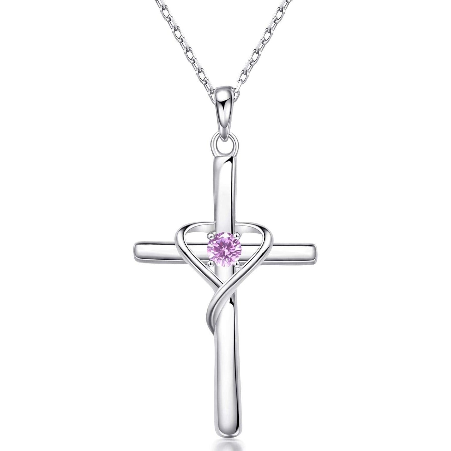 AmorAime 925 Sterling Silver Cross Necklace for Women Men 14K Gold Plated 5A CZ Birthstone Necklaces for Holiday (J.Pink-October-Tourmaline)