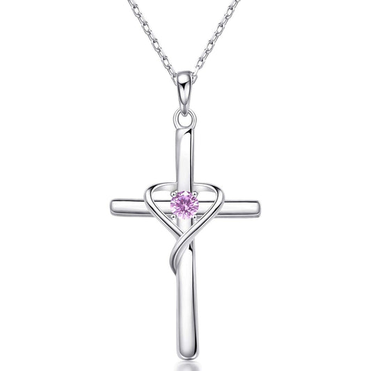 AmorAime 925 Sterling Silver Cross Necklace for Women Men 14K Gold Plated 5A CZ Birthstone Necklaces for Holiday (J.Pink-October-Tourmaline)