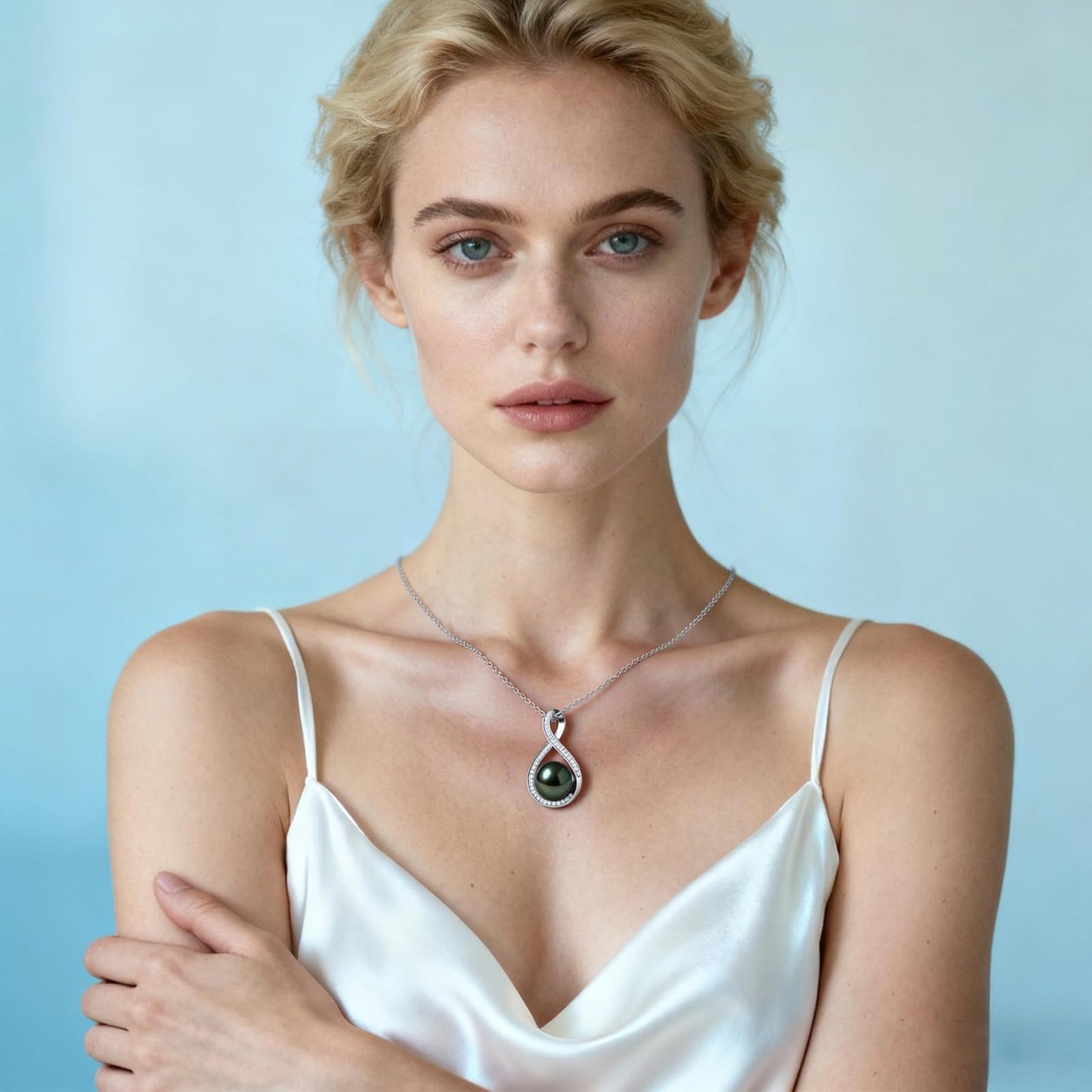 Genuine Tahitian Black Pearl Necklace - Christmas Gift for Wife Mom Daughter, Jewelry Gifts for Anniversary Wedding Birthday, 10-11mm Seawater Pearl with Sterling Silver Infinity Moissanite Pendant
