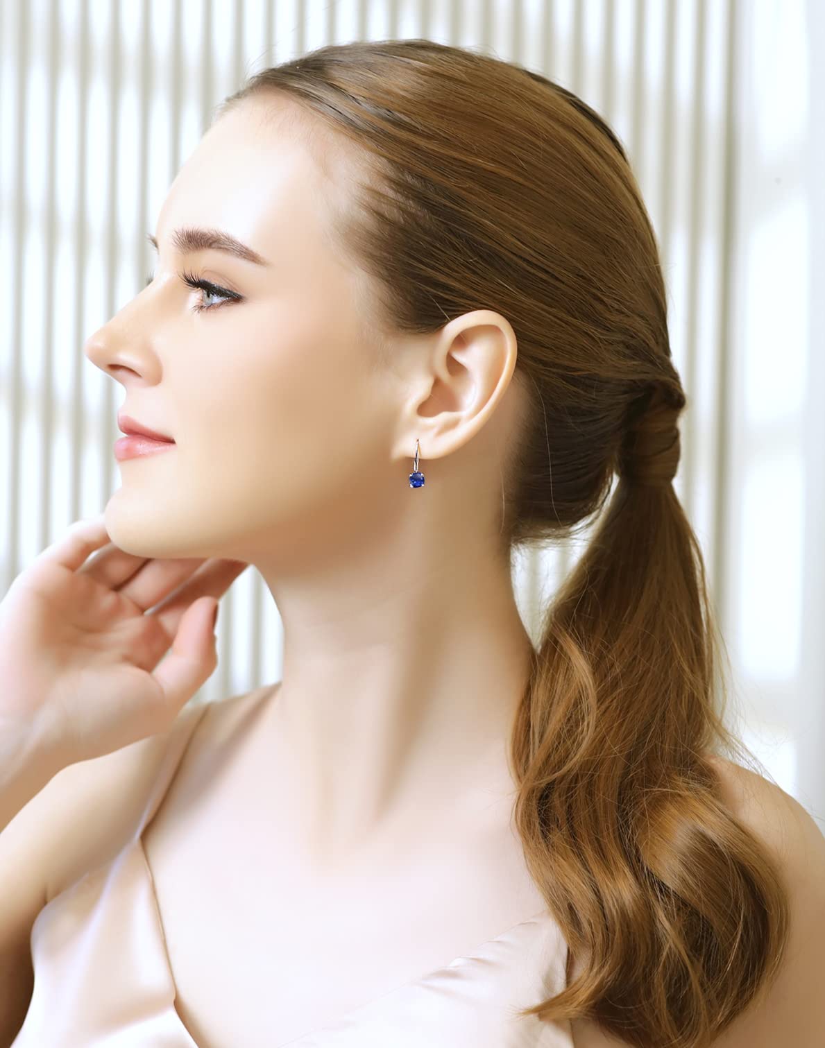 Blue Earrings for Women Sterling Silver 6mm Round Leverback Drop Synthetic Gemstone Sapphire Earring for Bridesmaids Gift Trendy Fashion