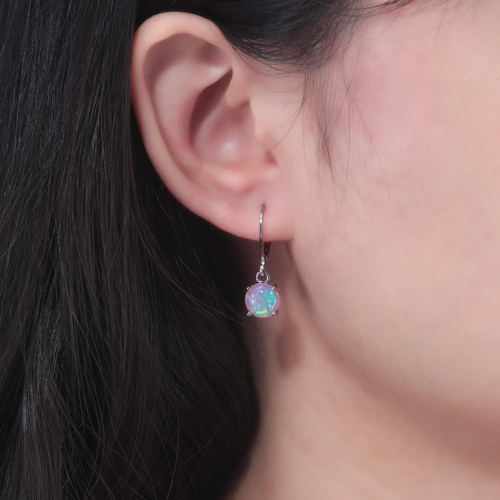 CiNily Pink Purple Opal Dangle Earrings for Women Rhodium Plated Leverback Drop Earrings Gemstone Jewelry