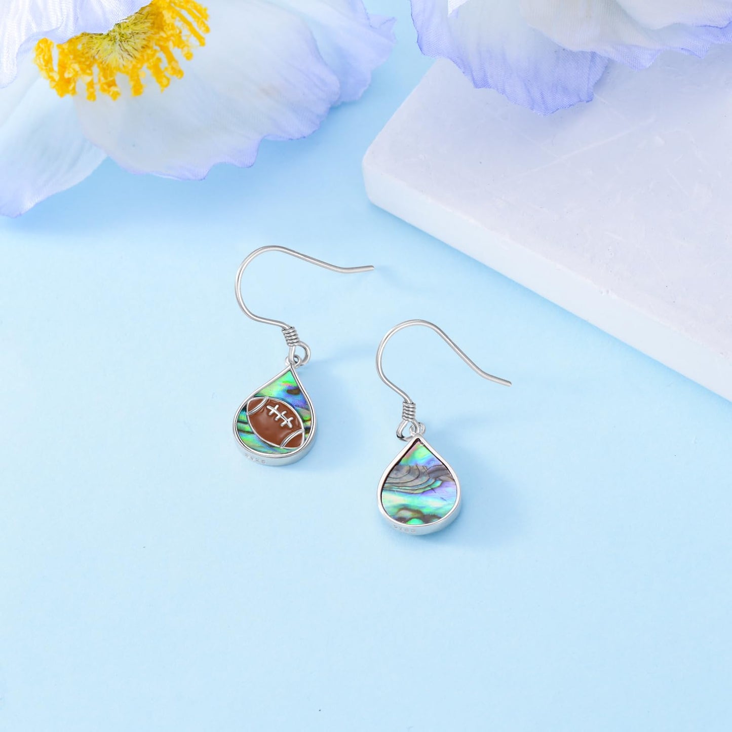 PROESS Abalone Shell Teardrop Football Earrings S925 Sterling Silver Rugby Dangle Earrings for Women Player Fans Sport Athletes Jewelry Gifts