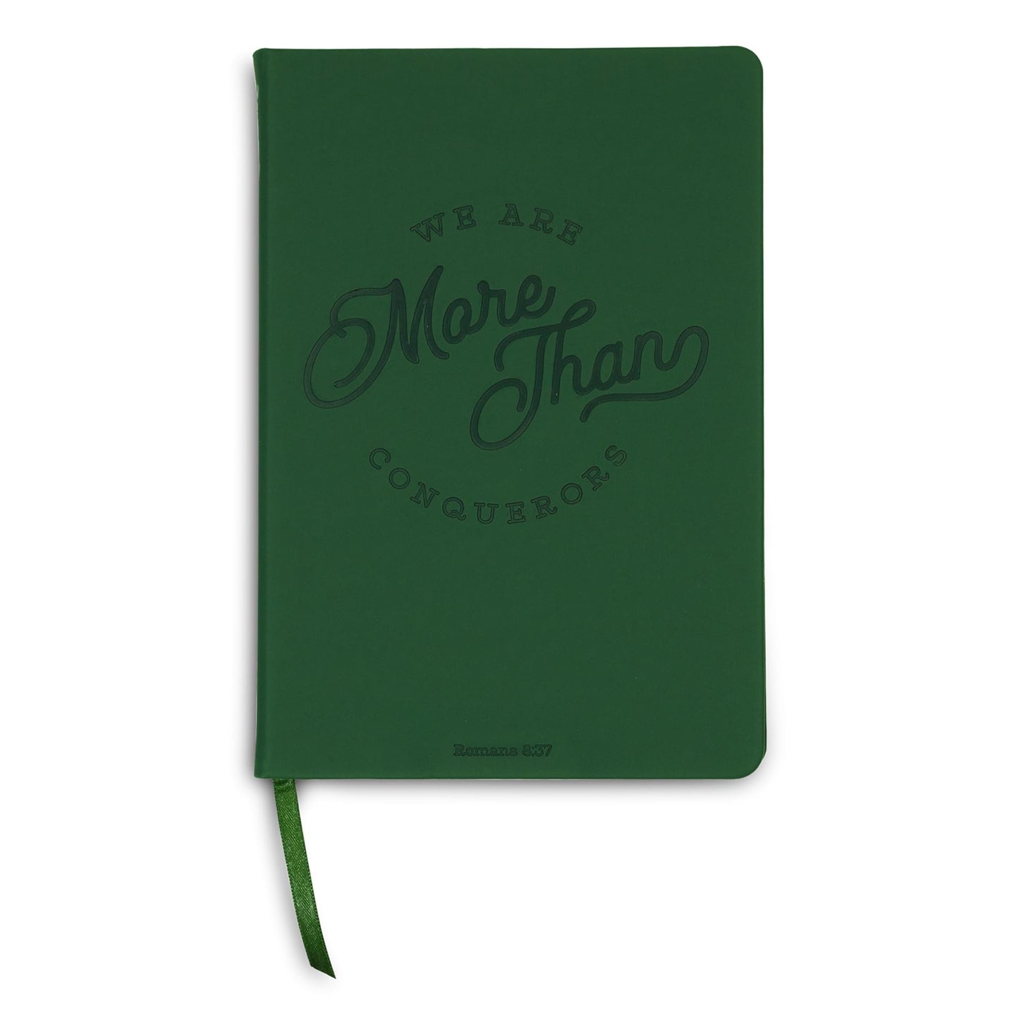 Steel Mill & Co Faux Leather Journal, 8.5” x 6” Scripture Quote Notebook with 160 Lined Pages, Book-Bound, Dark Green Leatherette Writing Journal with Debossed Cover and Ribbon Bookmark for Women & Men (More than Conquerors)