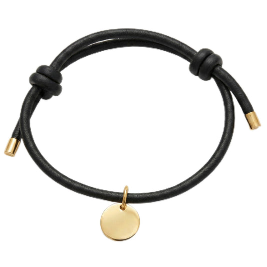Leporem Minimalist Wristband Black Cord with Blank Round Pendant Elegant Dark Jewelry for Date Night, 6.1-7.9 Inch (Black, 18K Gold Plated)