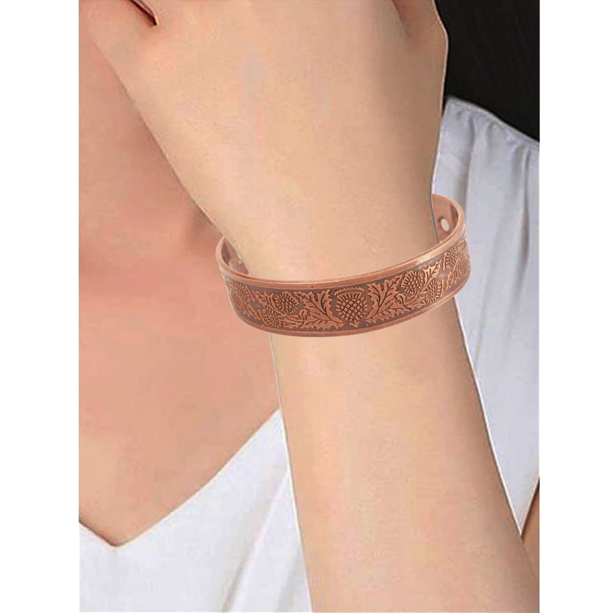 Touchstone handcrafted magnetic copper bracelet. Hand forged with solid and high gauge Tibetan style engraved cuff pure copper jewelry for women men. Pretty Celtic Design