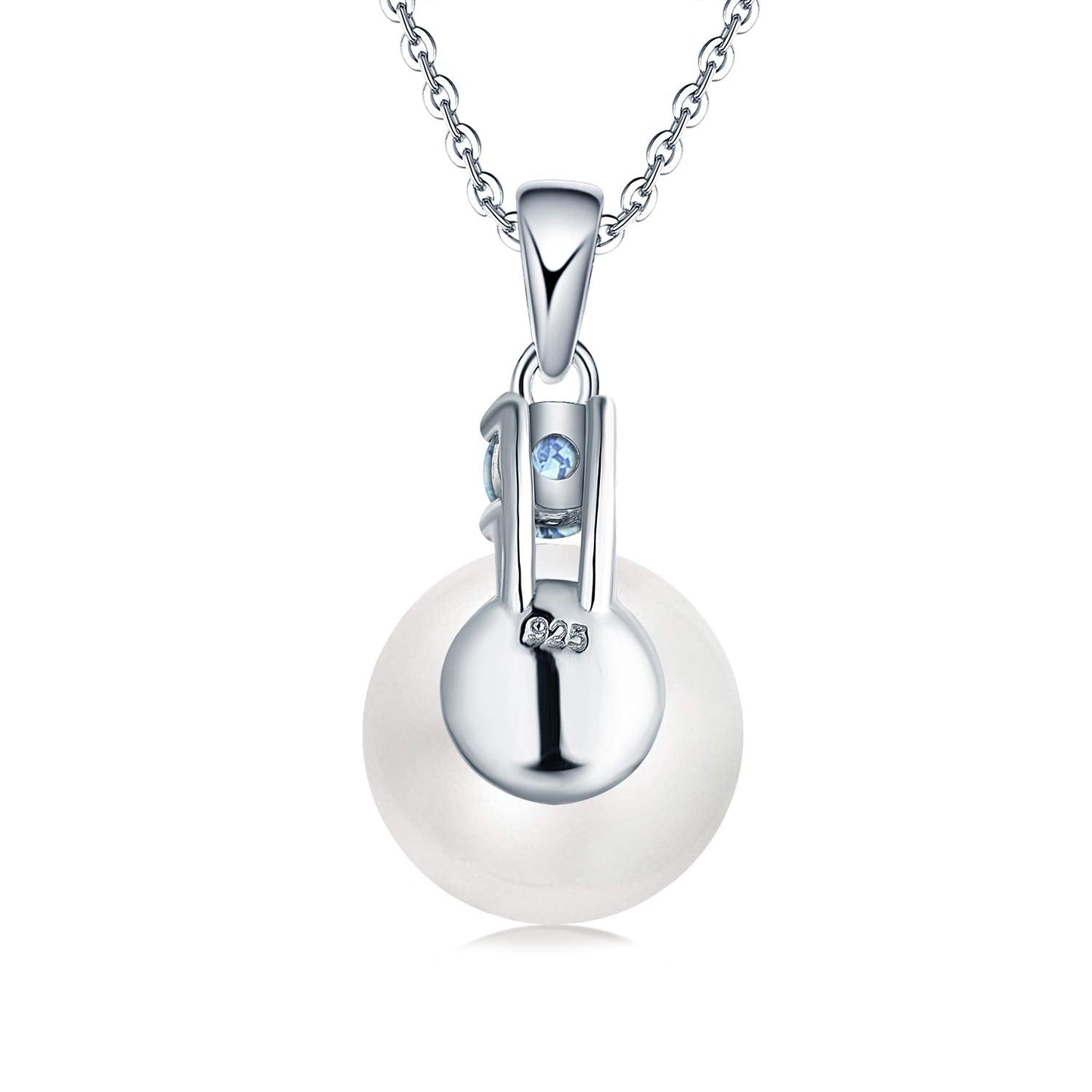 JO WISDOM Women Necklace,925 Sterling Silver Cubic Zirconia 10mm White Freshwater Pearl Pendant Necklace,March Birthstone Aquamarine Color
