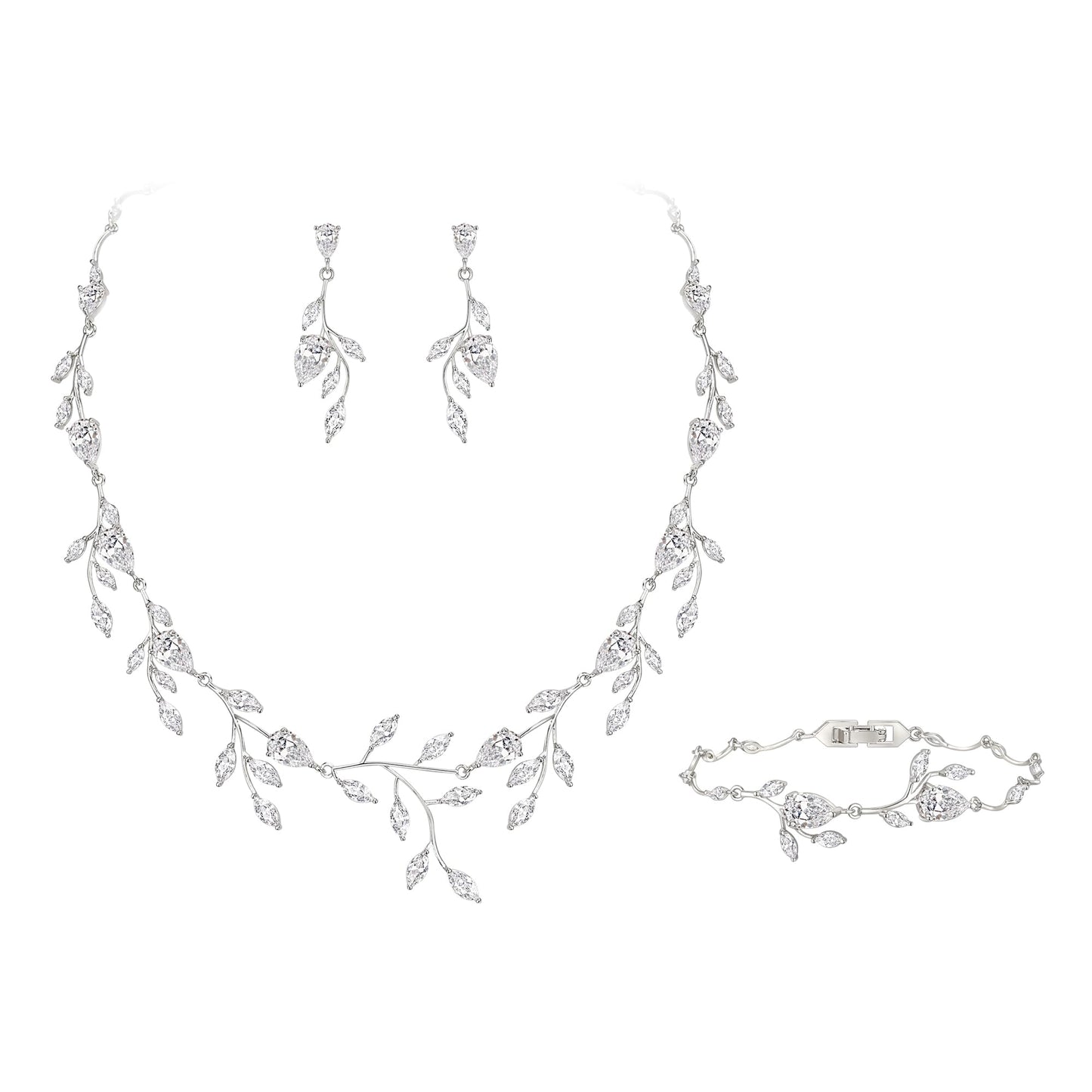 EVER FAITH Wedding Jewelry for Bride Women Bridesmaid, Sparkly Cubic Zirconia Pear-Shaped Birthstone Leaf Necklace Bracelet Earrings Set for Prom Clear Silver-Plated-Brass