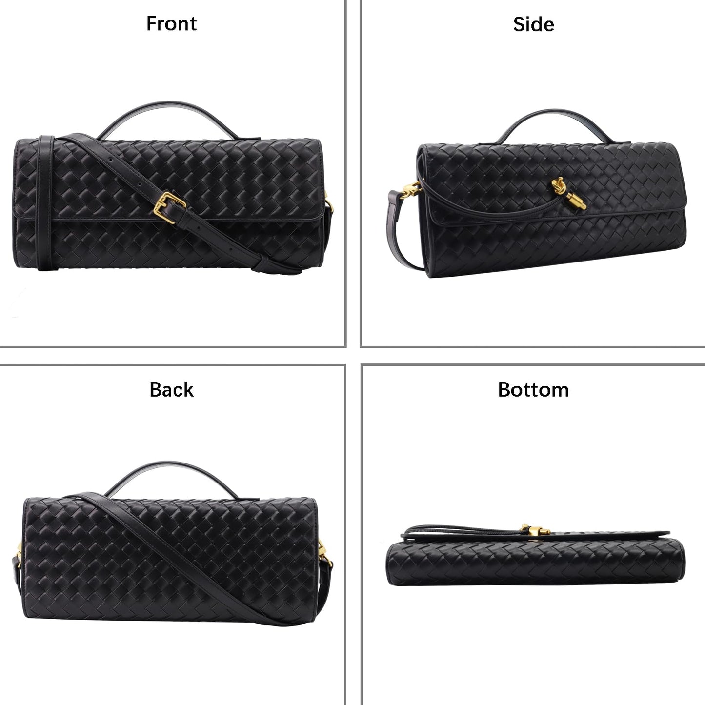Hoochie Masa Woven Clutch Purse for Women Designer Shoulder Handbag Leather Crossbody Evening Bag with Detachable Chain (Gold)