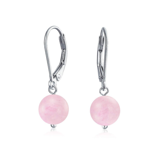 Bling Jewelry Timeless .925 Sterling Silver Pink Rose Quartz Bead 8mm Ball Drop Earrings Lever Back Genuine Gemstone October Birthstone