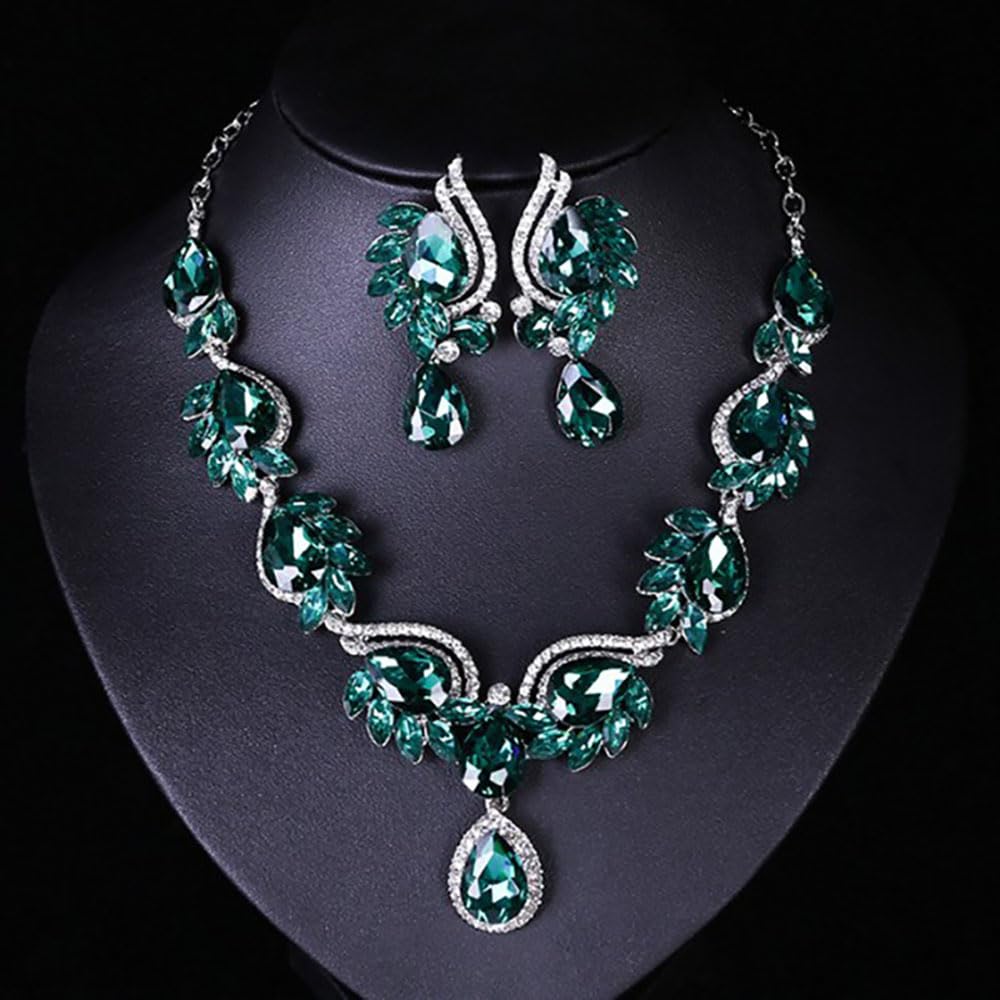 Qlavoca Elegant Crystal Jewelry Set for Women Teardrop Rhinestone Necklace and Dangle Earrings Set for Bridal Evening Prom Jewelry (Green)