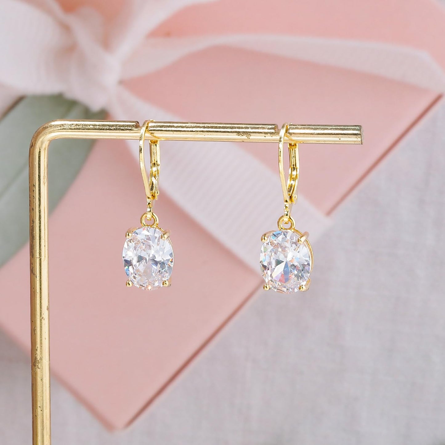CiNily Cut-Oval Leverback Dangle Earrings for Women White Cubic Zircon 14k Gold Plated Hypoallergenic Hanging Earrings Lightweight Drop Earrings Jewelry