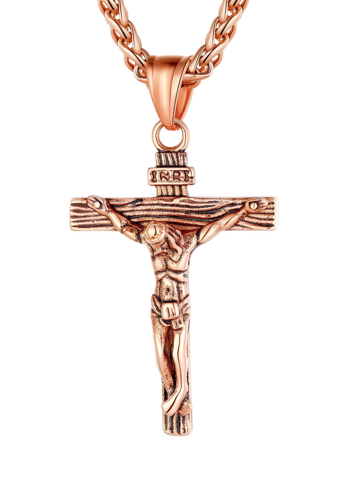 U7 Crucifix Cross Necklace Stainless Steel Crucifix Necklace Cross Pendant for Men with Rope Chain 22"(Rose Gold)