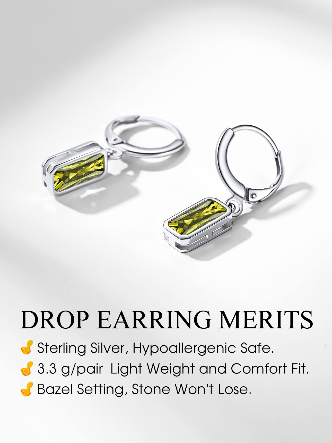 Bestyle Silver August Birthstone Drop Dangle Earrings - Created Peridot Baguette Earrings for Women - Dainty Cute Small Silver Huggie Hoop Dangle Earrings for Birthday Wedding Party Gowns