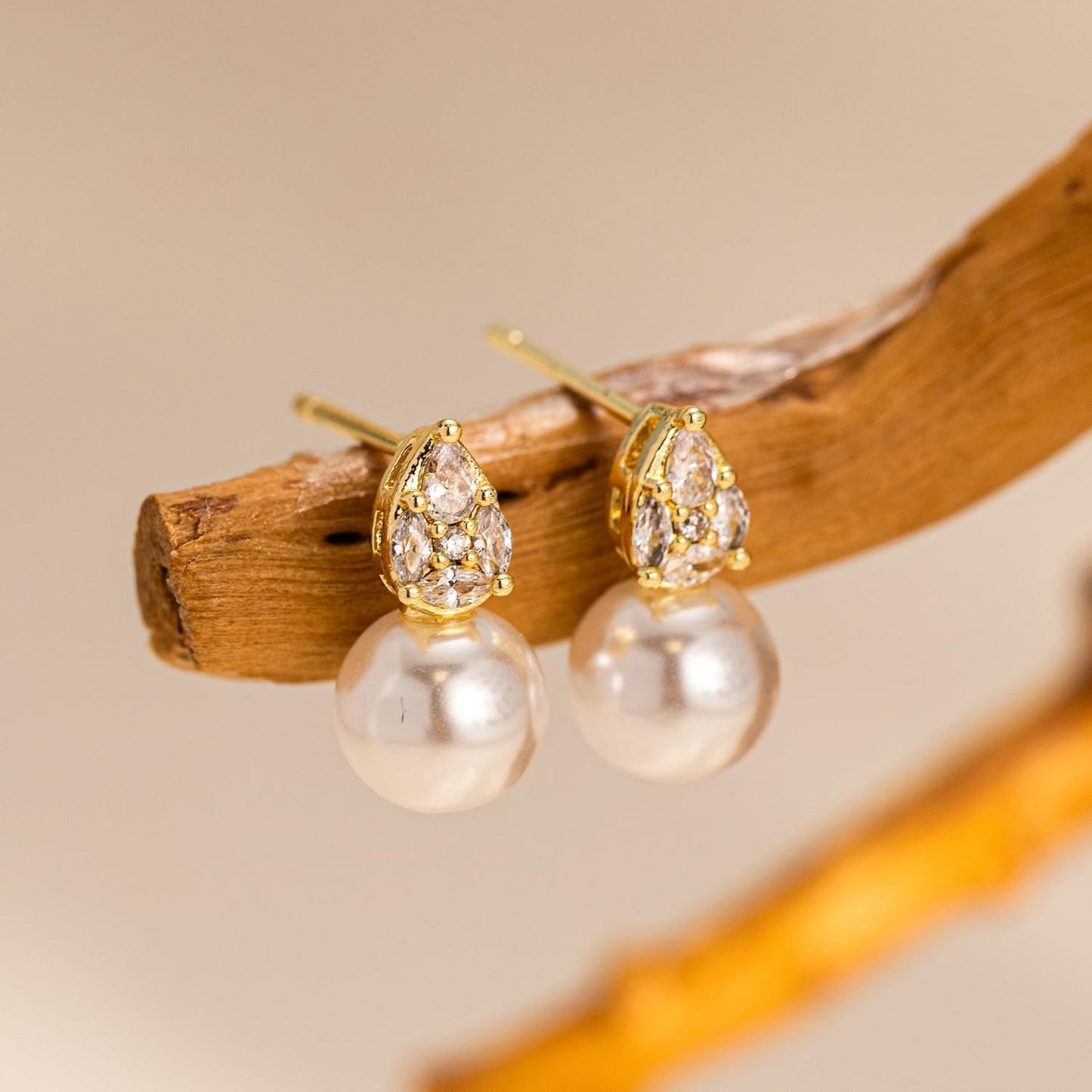 PRTGL Pearl Earrings - 14K Gold Plated Cubic Ziconia Paved Pearl Wedding Earrings for Bridal Bridesmaid